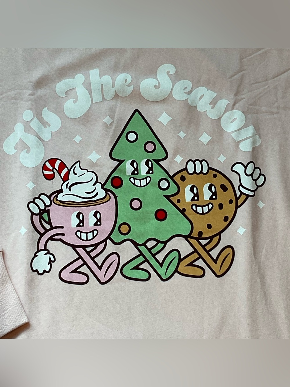 Light Pink Holiday Graphic Sweatshirt Top with Festive Characters